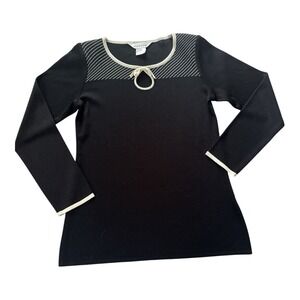Exclusively Misook Black Knit Tunic Top XS Ivory Striped Trim Keyhole Bow Detail